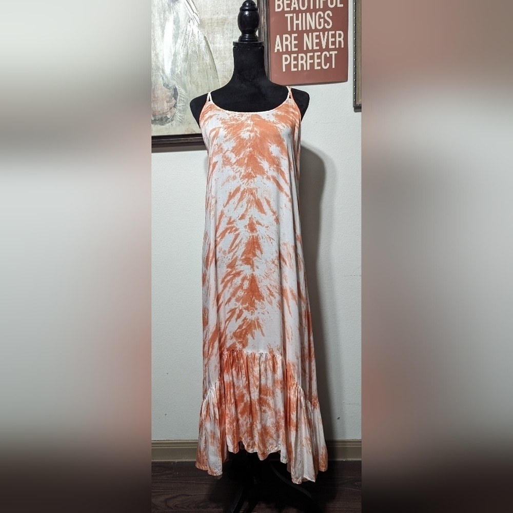 Elan Orange/White Tie Dye Criss Cross Strappy Back Maxi Dress - Picture 2 of 10
